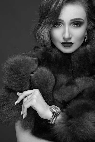 Glamour luxury elegant woman in fur mink coat and fashion wanthe