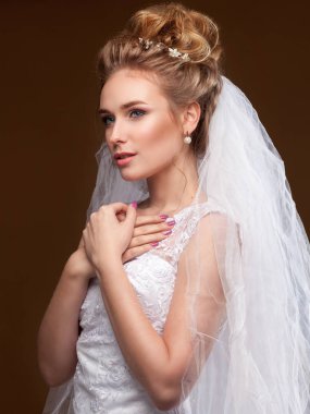 Studio uzun örtü ile poz güzel zarif gelin