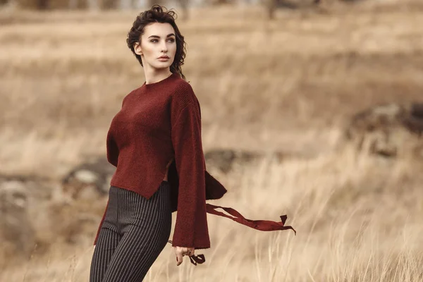 Hermosa mujer elegante de pie en un parque en otoño, Fas otoño — Foto de Stock