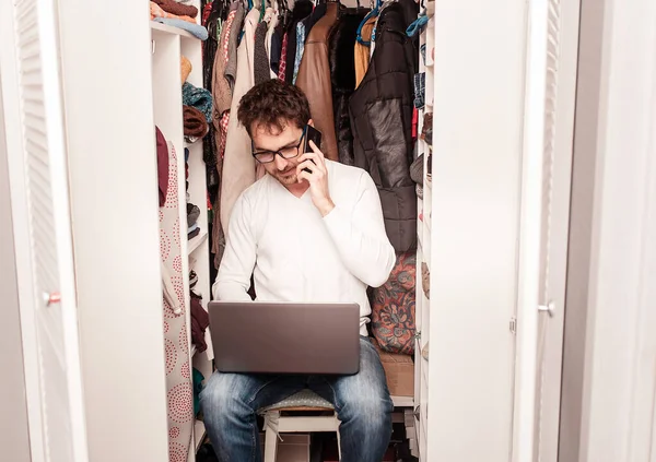 Very Busy Man Father Working Home Freelancer Found Quiet Place — Stock Photo, Image