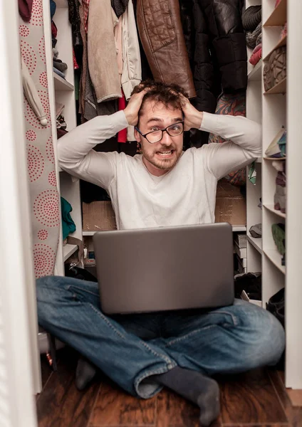 Very Busy Man Father Working Home Freelancer Found Quiet Place — Stock Photo, Image