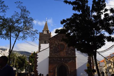 Ağaç ana alışveriş cadde Funchal Madeira Portekiz Noel süslemeleri ile Madeira Katedrali