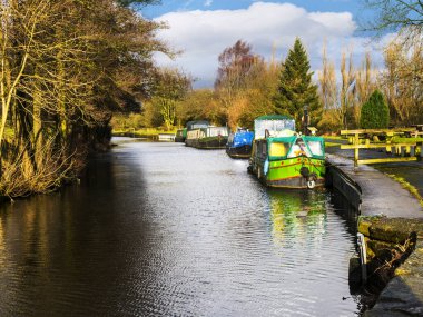Kuzey İngiltere 'nin Lancashire Yorkshire sınırındaki Barnoldswick' teki Salterforth Moorings 'deki Leeds Liverpool Kanalı' ndaki Kanal Tekneleri.