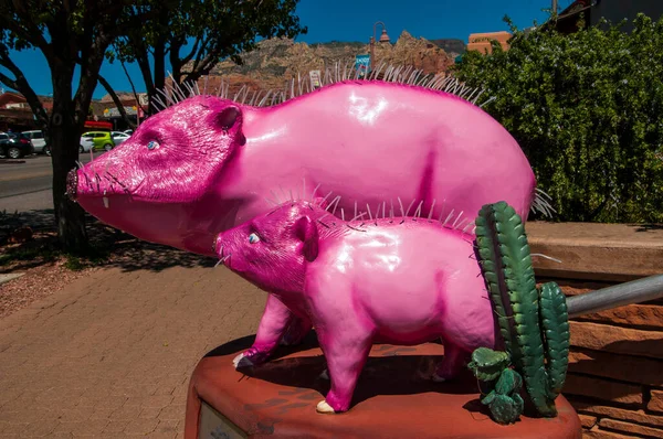美国亚利桑那州Sedona街上奇怪的粉红猪雕像 这些尖叫声是为了防止鸟儿在上面着陆 — 图库照片