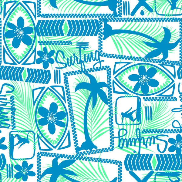 Tribal surfing palm repeat seamless pattern — Stock Vector