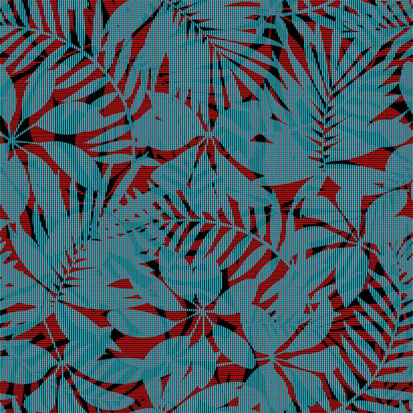 Patrón sin costuras de hojas tropicales rayadas rojas y azules — Vector de stock