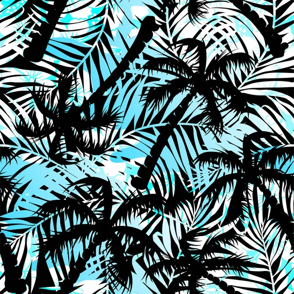 Tropical blue and black palms seamless pattern — Stock Vector