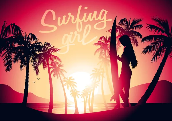 Surf girl y amanecer en una playa tropical — Archivo Imágenes Vectoriales