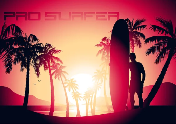 Szörfözés srác és egy trópusi tengerparton a napkelte — Stock Vector
