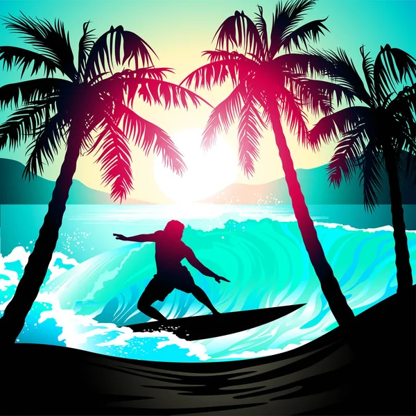 Male surfing at sunrise at a tropical beach — Stock Vector