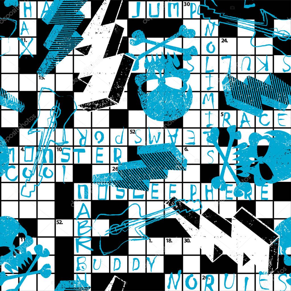 Crossword puzzle with skulls and lightning bolts