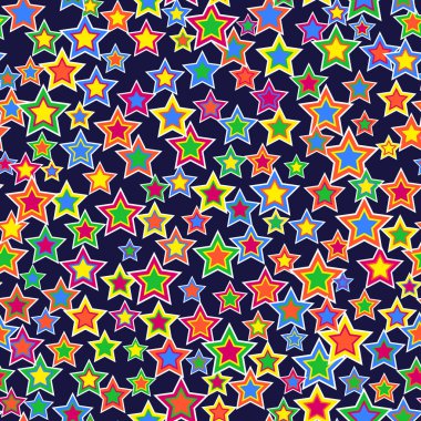 Geometrik seamless modeli. Farklı boyut ve renkleri koyu mavi bir arka plan üzerinde düzenlenen yıldız.