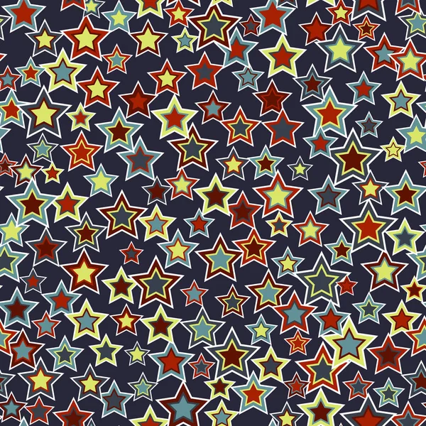 幾何学的なシームレス パターン。さまざまなサイズと色の暗い青色の背景上に配置の星. — ストックベクタ