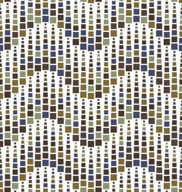 Dikişsiz desen beyaz zemin üzerinde. Bir dalga şekli vardır. Bir kare şekli, farklı renk ve boyut sahip geometrik öğelerden oluşur.