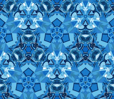 Mavi kaleydoskop seamless modeli. Beyaz arka plan üzerinde bulunan soyut şekiller oluşur. Doku, desen ve sanatsal kompozisyonlar için tasarım öğesi olarak yararlı.