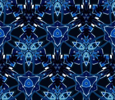 Mavi kaleydoskop seamless modeli. Beyaz arka plan üzerinde bulunan soyut öğeler oluşur. Doku, desen ve sanatsal kompozisyonlar için tasarım öğesi olarak yararlı.