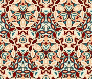 Kaleydoskop kusursuz desen, arka plan. Renkli soyut şekiller. Doku ve sanatsal kompozisyonlar için tasarım ögesi olarak kullanışlı.