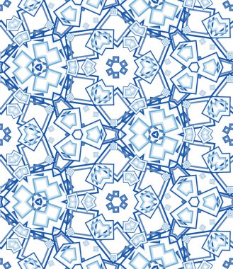 Mavi kaleydoskop dikişsiz desen. Beyaz arkaplanda geometrik soyutlama. Doku ve sanatsal kompozisyonlar için tasarım ögesi olarak kullanışlı.