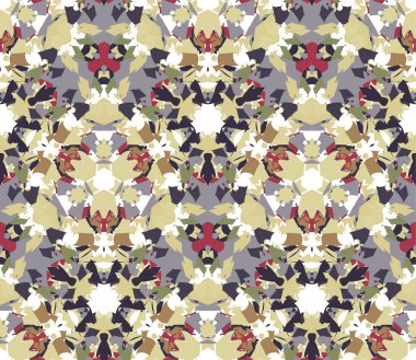 Eski, dikişsiz desen. Beyaz arkaplanda bulunan soyut elementlerden oluşan kusursuz desen. Doku, desen ve sanatsal kompozisyonlar için tasarım ögesi olarak kullanışlıdır. Vektör illüstrasyonu.