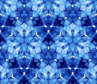 Mavi kaleydoskop dikişsiz desen. Soyut şekillerden oluşmuş. Doku ve sanatsal kompozisyonlar için tasarım ögesi olarak kullanışlı.