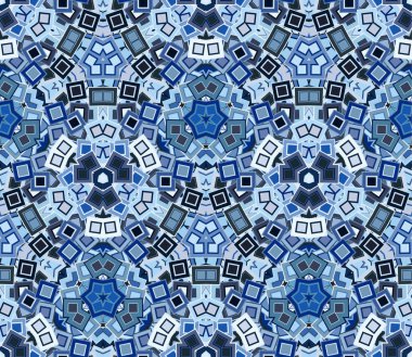 Mavi kaleydoskopik, pürüzsüz desen, arka plan. Soyut şekiller mozaik bir doku oluşturuyor. Grafik tasarım ögesi.