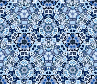 Mavi kaleydoskopik, pürüzsüz desen, arka plan. Soyut şekiller mozaik bir doku oluşturuyor. Grafik tasarım ögesi.