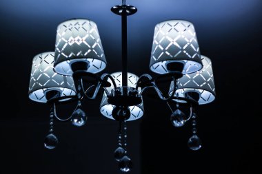 Tavanda gümüş tabanlı, koyu gölgeli beyaz lamba.