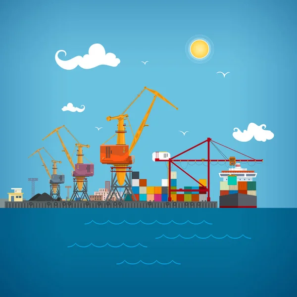 Puerto marítimo de carga, ilustración vectorial — Vector de stock