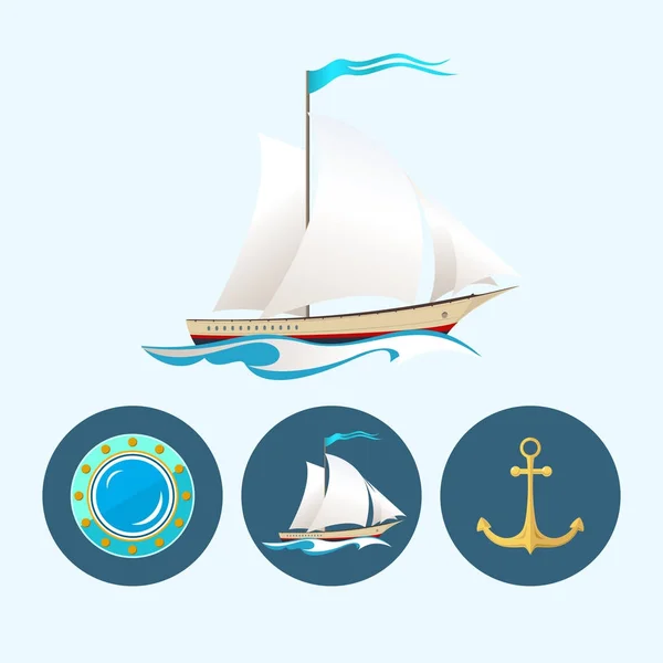 用帆船、船锚、舷窗设置图标 — 图库矢量图片