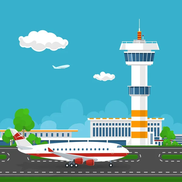 Flughafen mit Kontrollturm und Flugzeug — Stockvektor