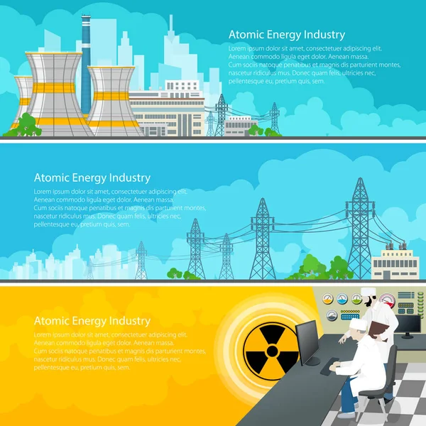 Banners horizontales de planta de energía nuclear con texto — Archivo Imágenes Vectoriales