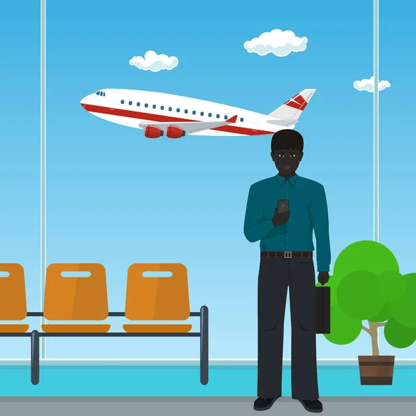 Afro-Amerikaanse zakenman op de luchthaven — Stockvector