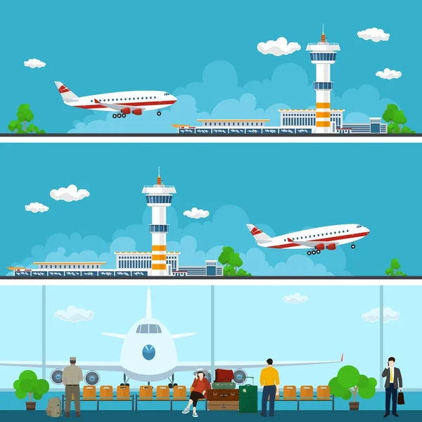 Repülőtér bannerek, utazási koncepció — Stock Vector