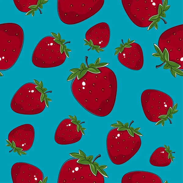 Nahtloses Muster, Erdbeere auf azurblauem Hintergrund — Stockvektor