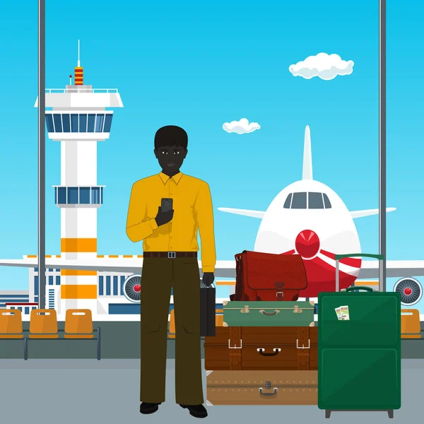 African American człowiek czeka na poklad samolotu — Wektor stockowy