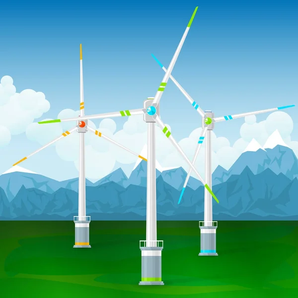 Turbinas de vento em um fundo de montanhas — Vetor de Stock