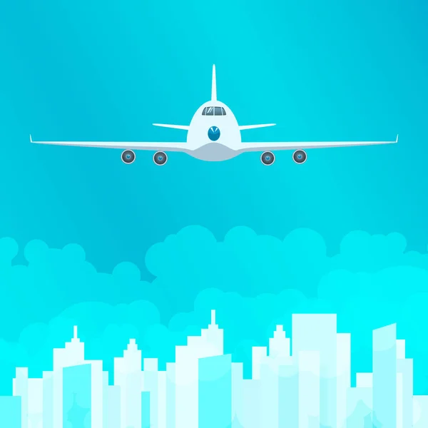 Avión en el cielo en el fondo de la ciudad — Vector de stock