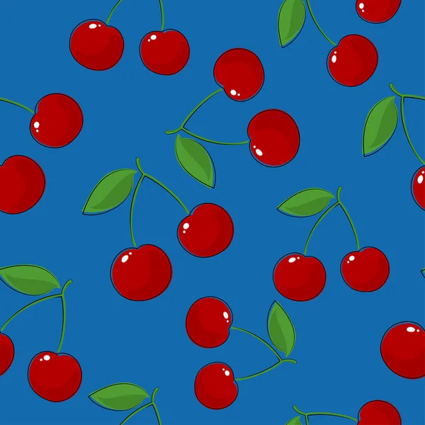 Naadloze patroon, Cherry op blauwe achtergrond — Stockvector