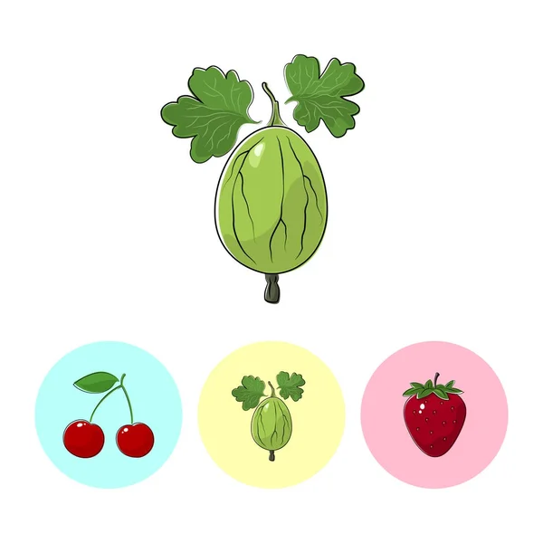 Icônes de fruits, groseille à maquereau, cerise, fraise — Image vectorielle