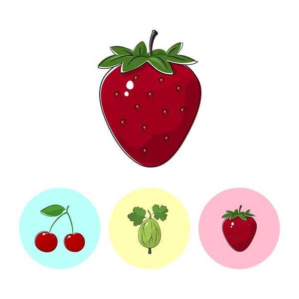 Icônes de fruits, fraise, groseille à maquereau, cerise — Image vectorielle