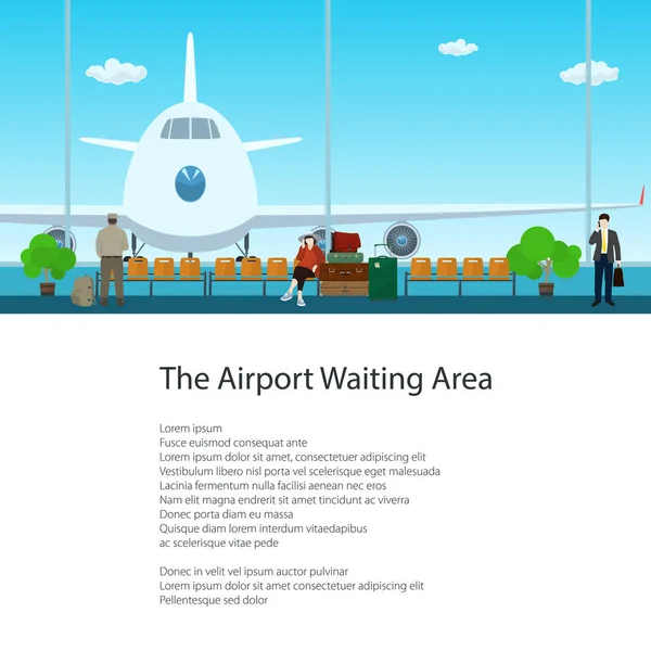 Área de espera del aeropuerto con personas y texto — Archivo Imágenes Vectoriales