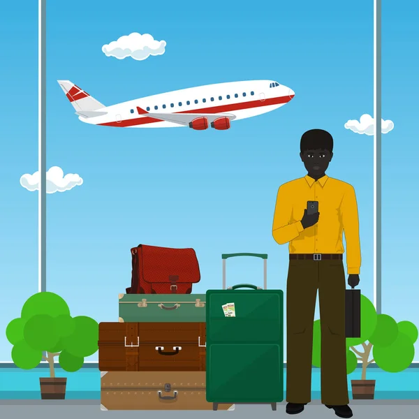 Hombre afroamericano en el aeropuerto — Vector de stock