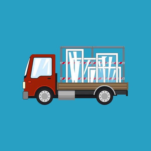 Camión rojo con Windows en un fondo azul — Vector de stock