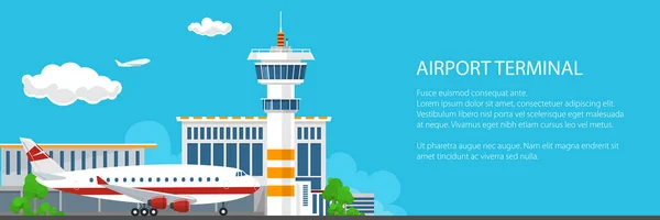 Banner of Airport dengan Control Tower dan Airplane - Stok Vektor