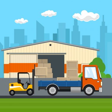 Forklift bir kamyondan kutuları yükler veya indirir