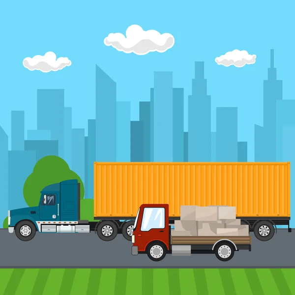 Truck and Small Cargo Van Drive on the Road — Stock Vector