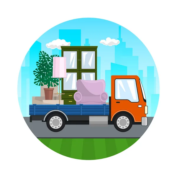Ícone de caminhão com móveis na estrada —  Vetores de Stock