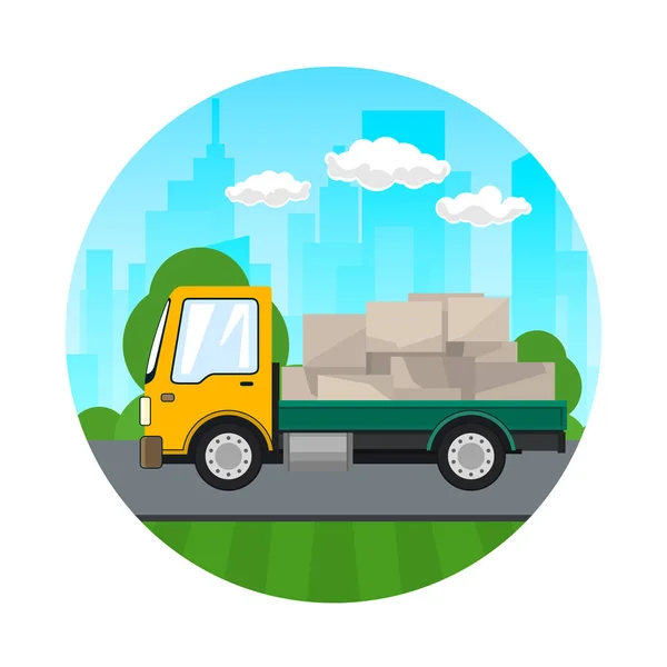 Ікона маленької вантажівки з коробками на дорозі — стоковий вектор