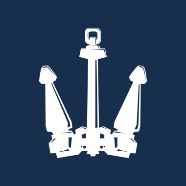 Mavi arkaplanda beyaz bir çapa, siluet deniz ekipmanları, seyahat ve turizm konsepti, vektör illüstrasyonu