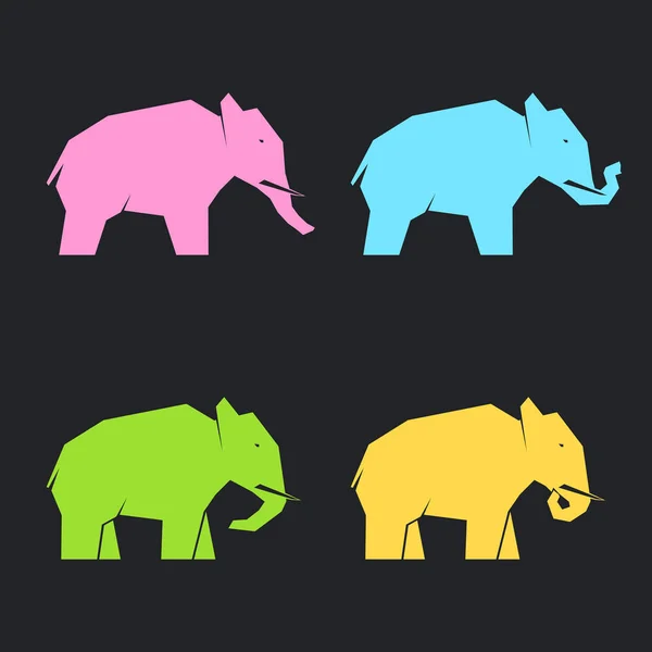 不同姿势的一组深色背景的多色大象 矢量图解 — 图库矢量图片
